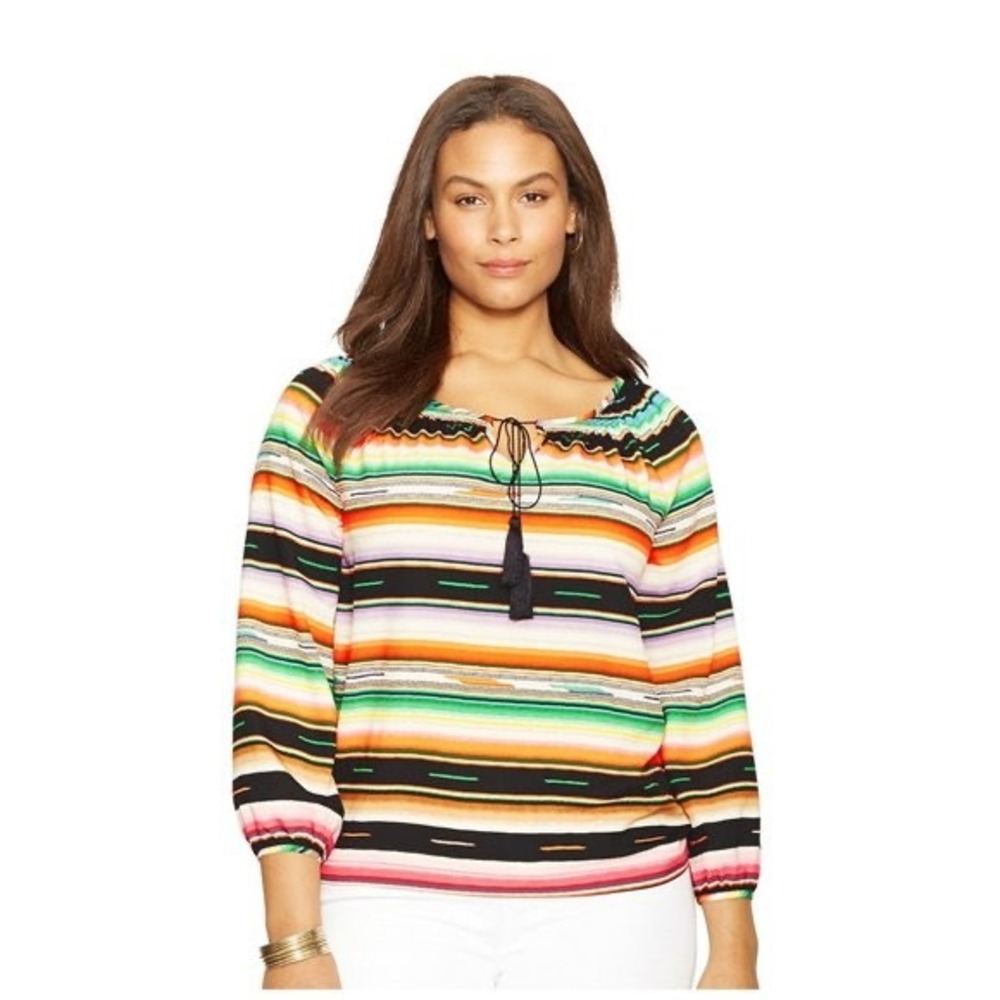 Lauren Ralph Lauren Women's Striped Blouse Top Tassel Tie Balloon Sleeve Size XL